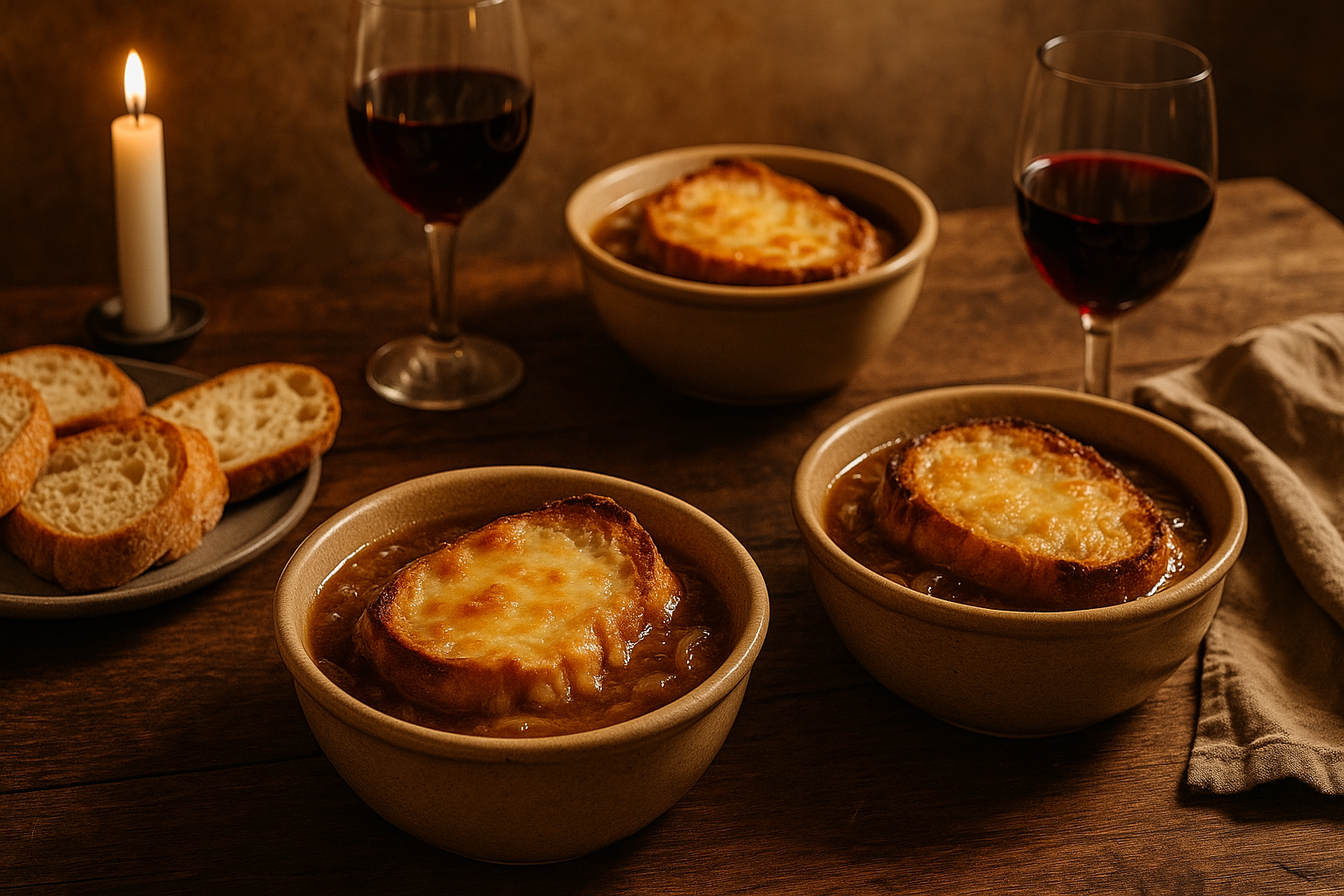 Dinner table with bowls of French onion soup and bread.