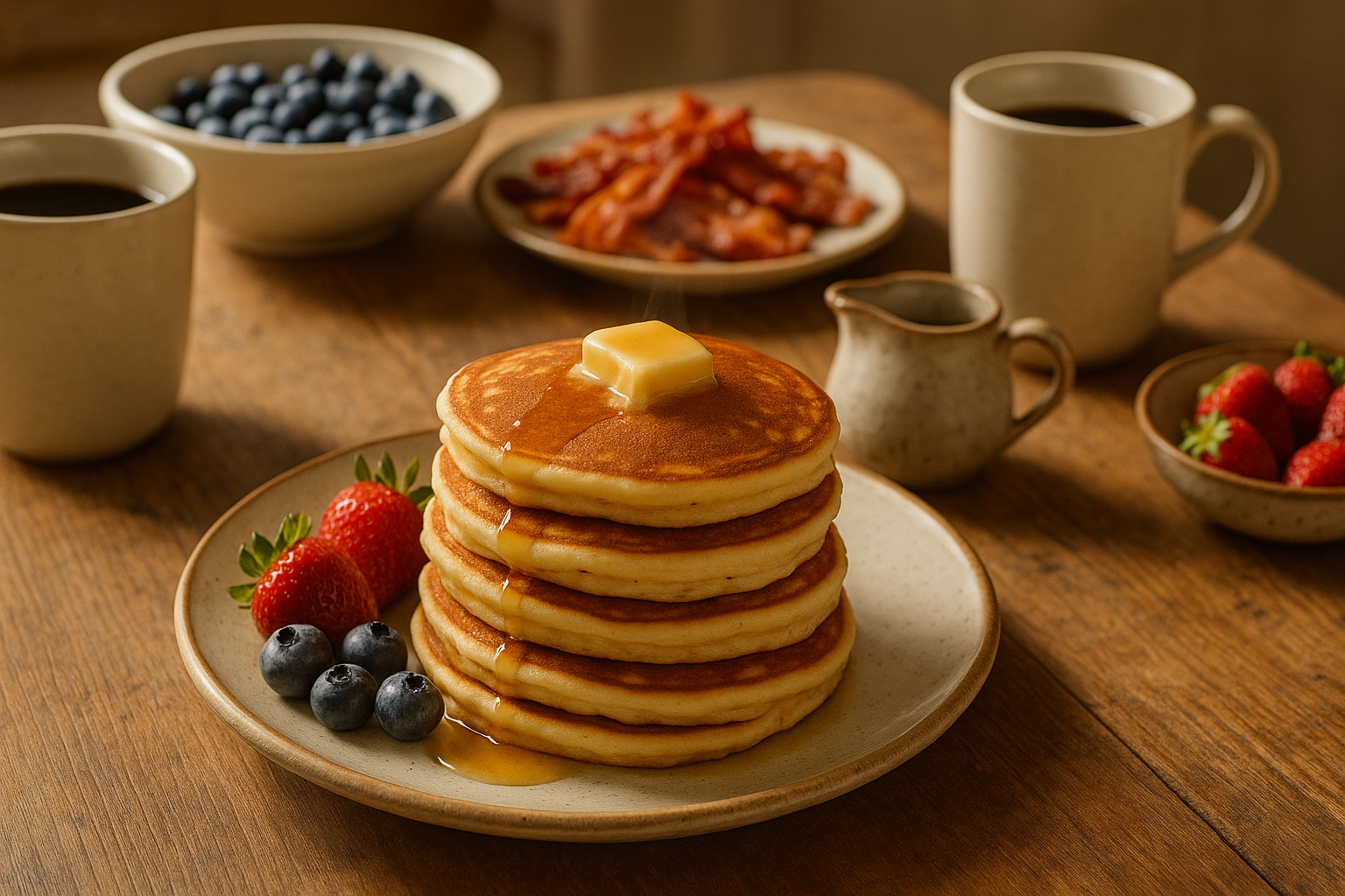 Family breakfast with pancakes and coffee