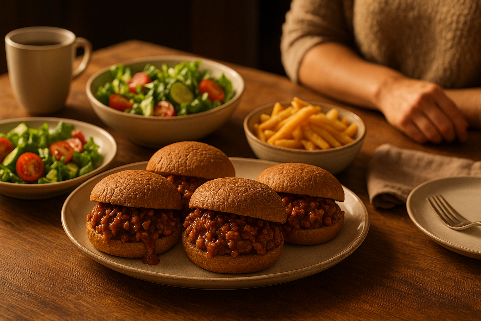 Family sharing homemade sloppy joes around dinner table.