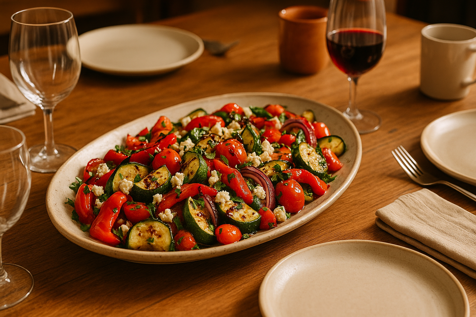 Family dinner table with roasted vegetable salad