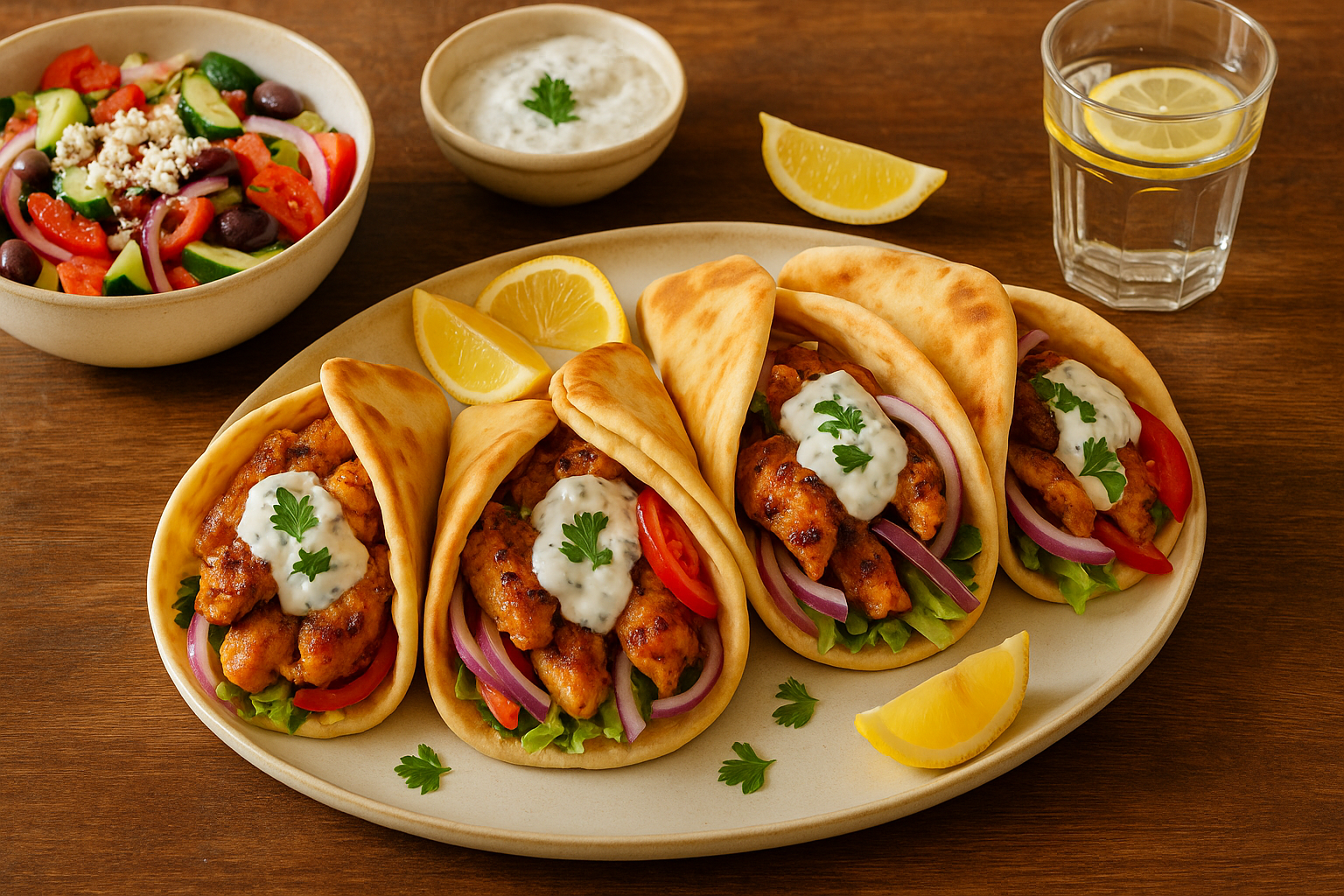 Family dinner with chicken gyros and tzatziki sauce