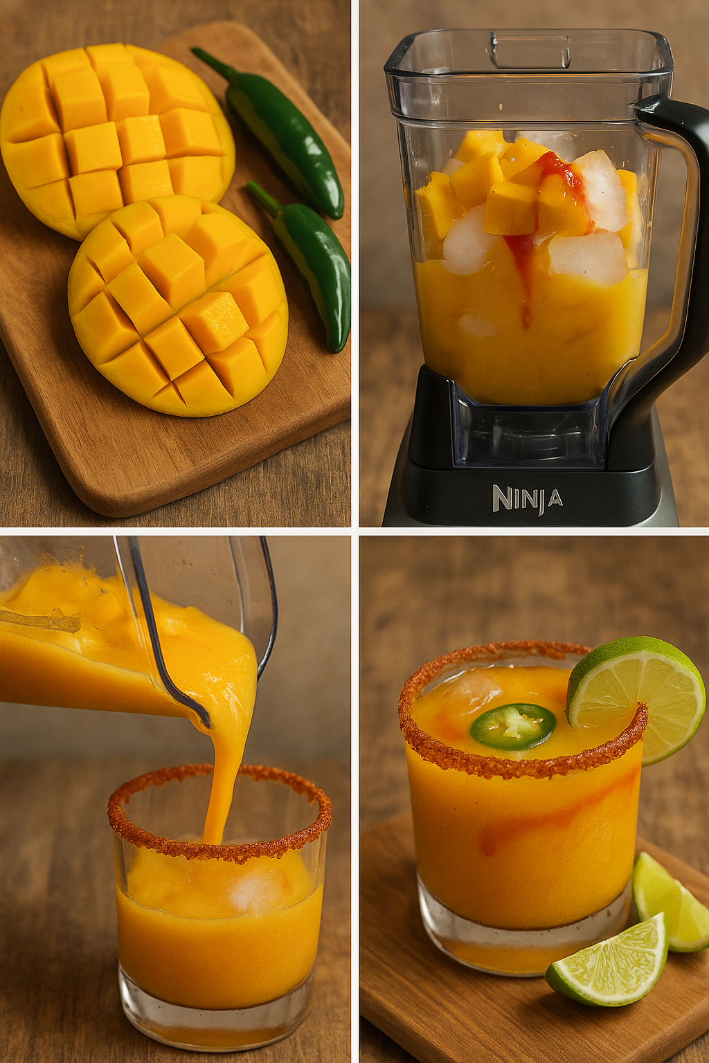 Step-by-step making of mango chili margarita.