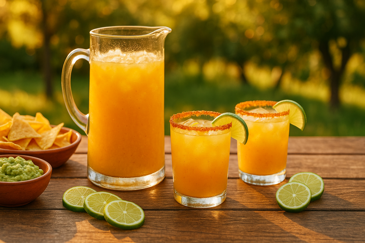 Large pitcher of mango chili margarita with Tajín rim glasses.