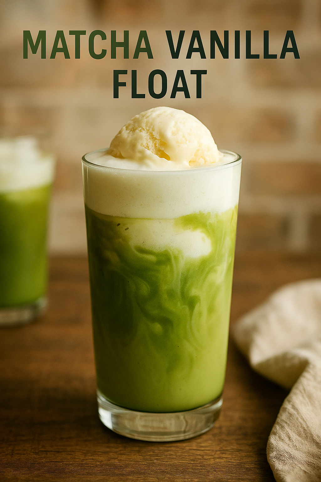 Aesthetic matcha vanilla float in tall glass with cold foam.
