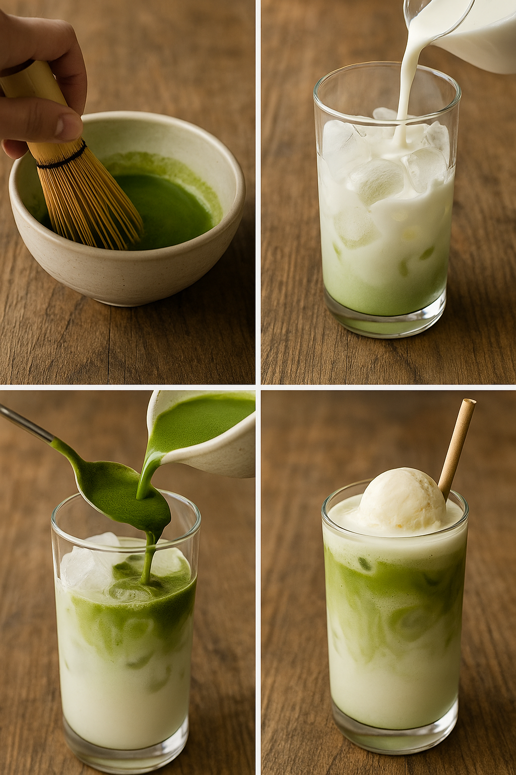 Step-by-step collage for making a matcha vanilla float.