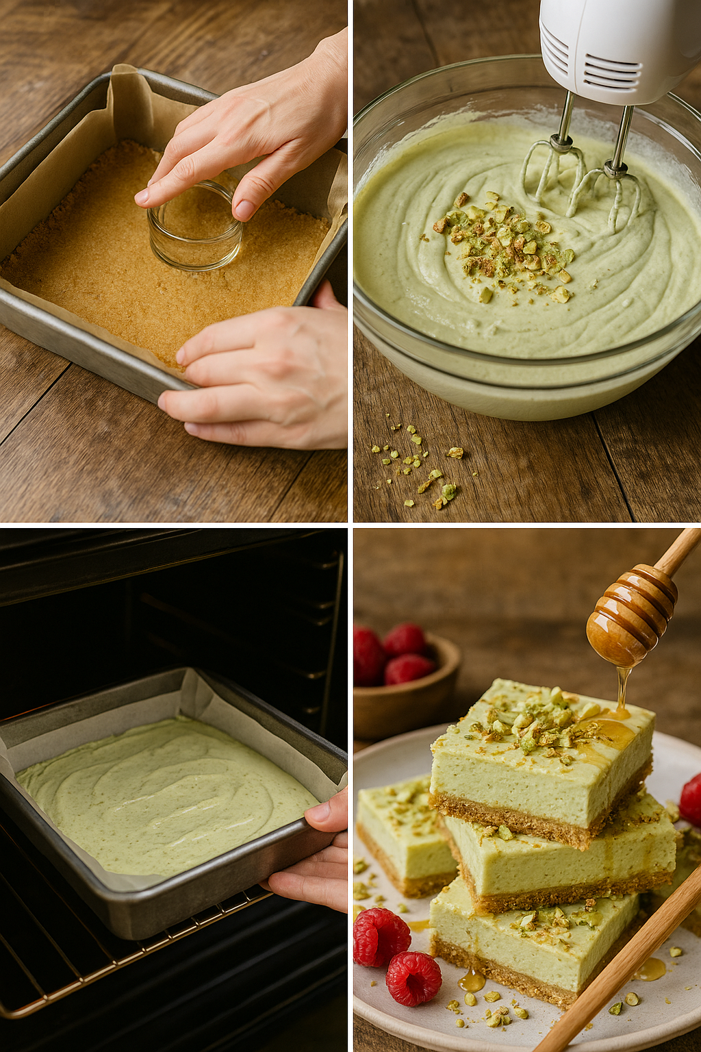 Step-by-step pistachio cheesecake bar process collage.