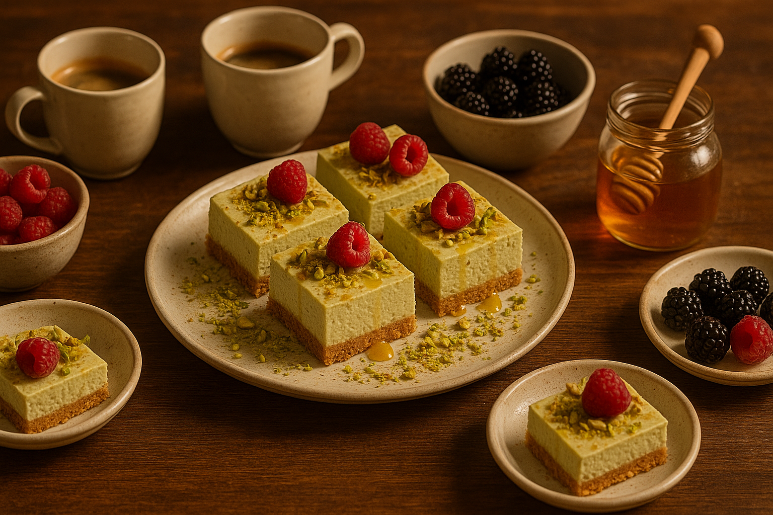 Pistachio cheesecake bars served with espresso and berries.