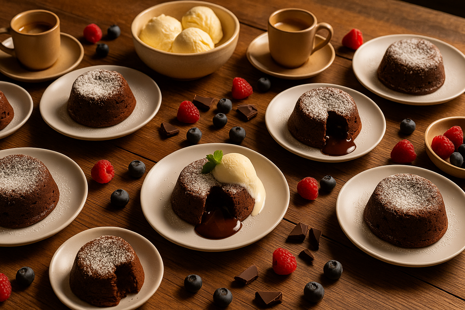 dessert table with chocolate lava cakes and coffee