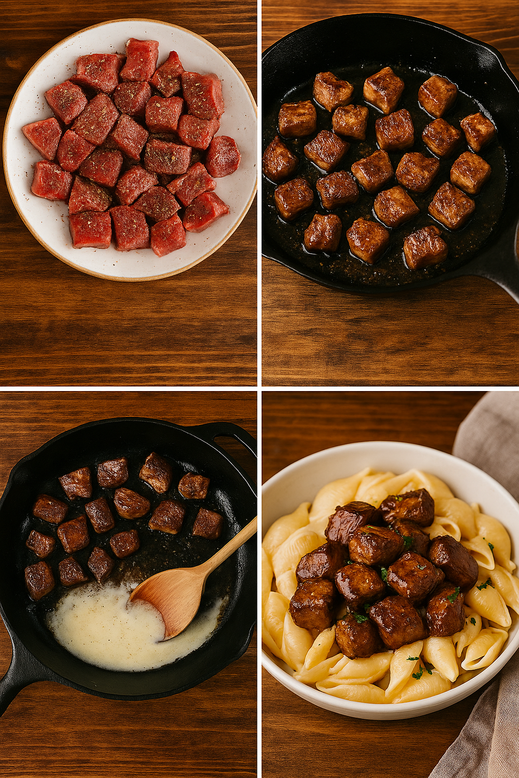 Step-by-step garlic butter steak bites recipe process.