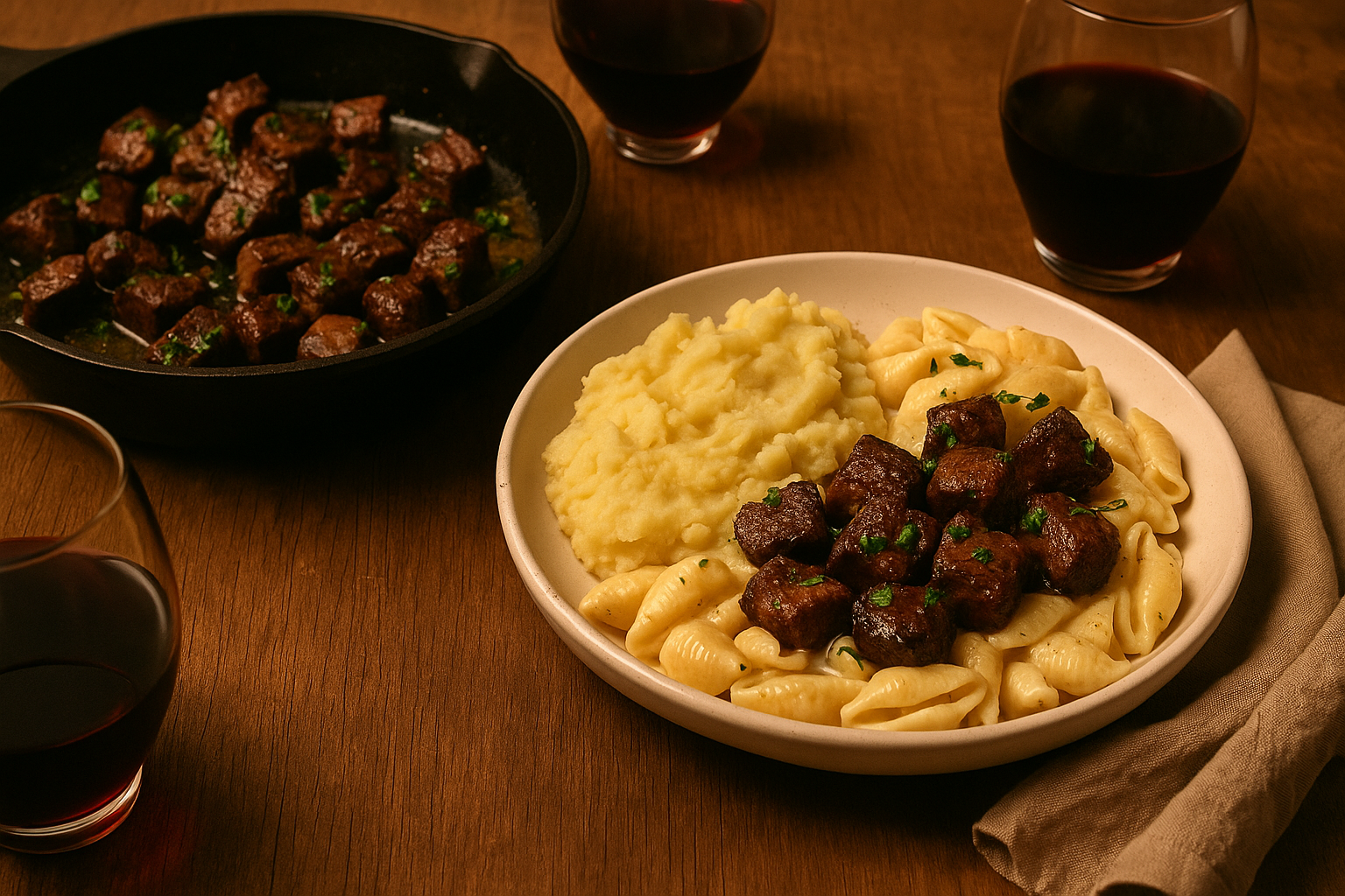 Family-style garlic butter steak bites dinner.