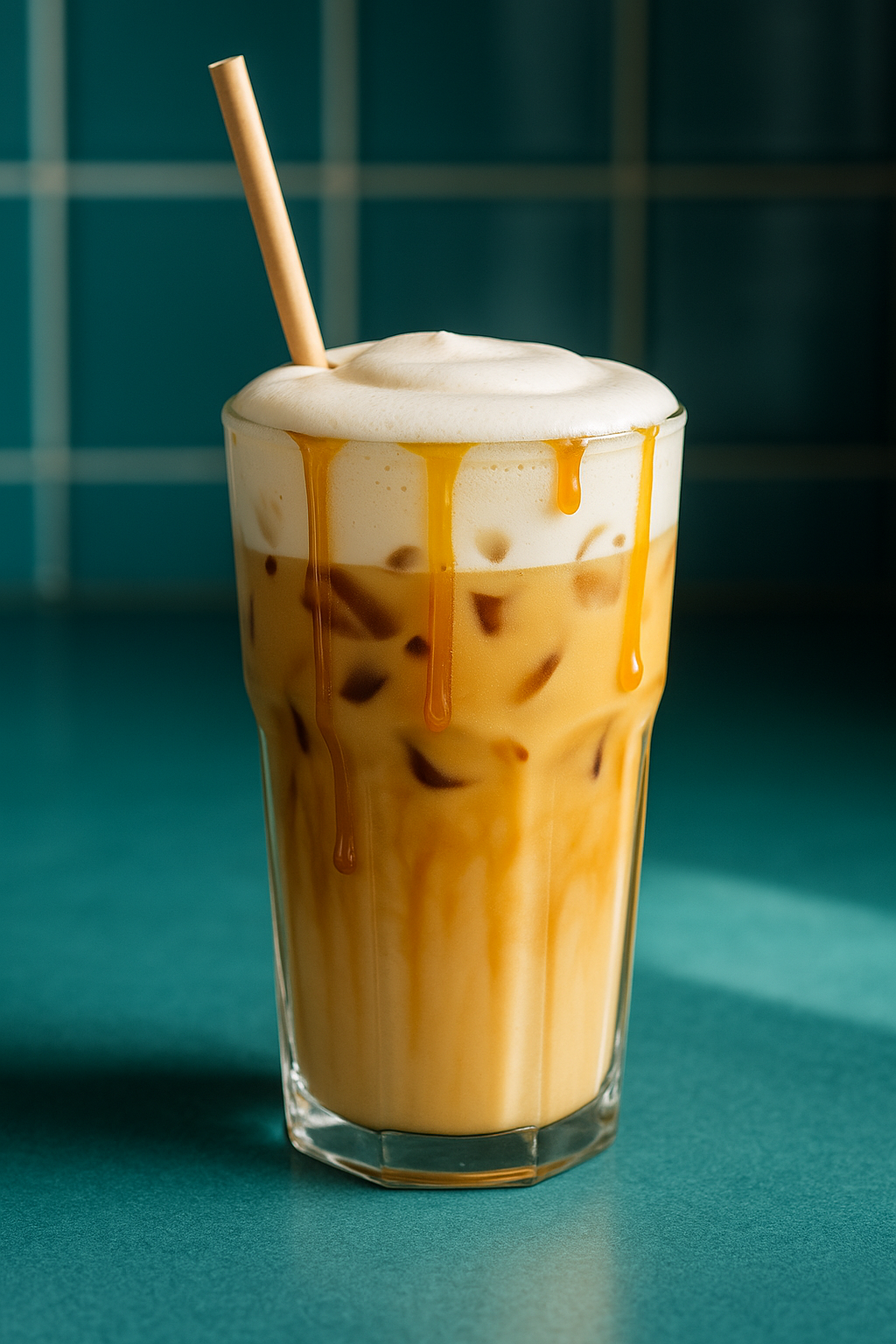 Close-up iced caramel macchiato with blue kitchen background