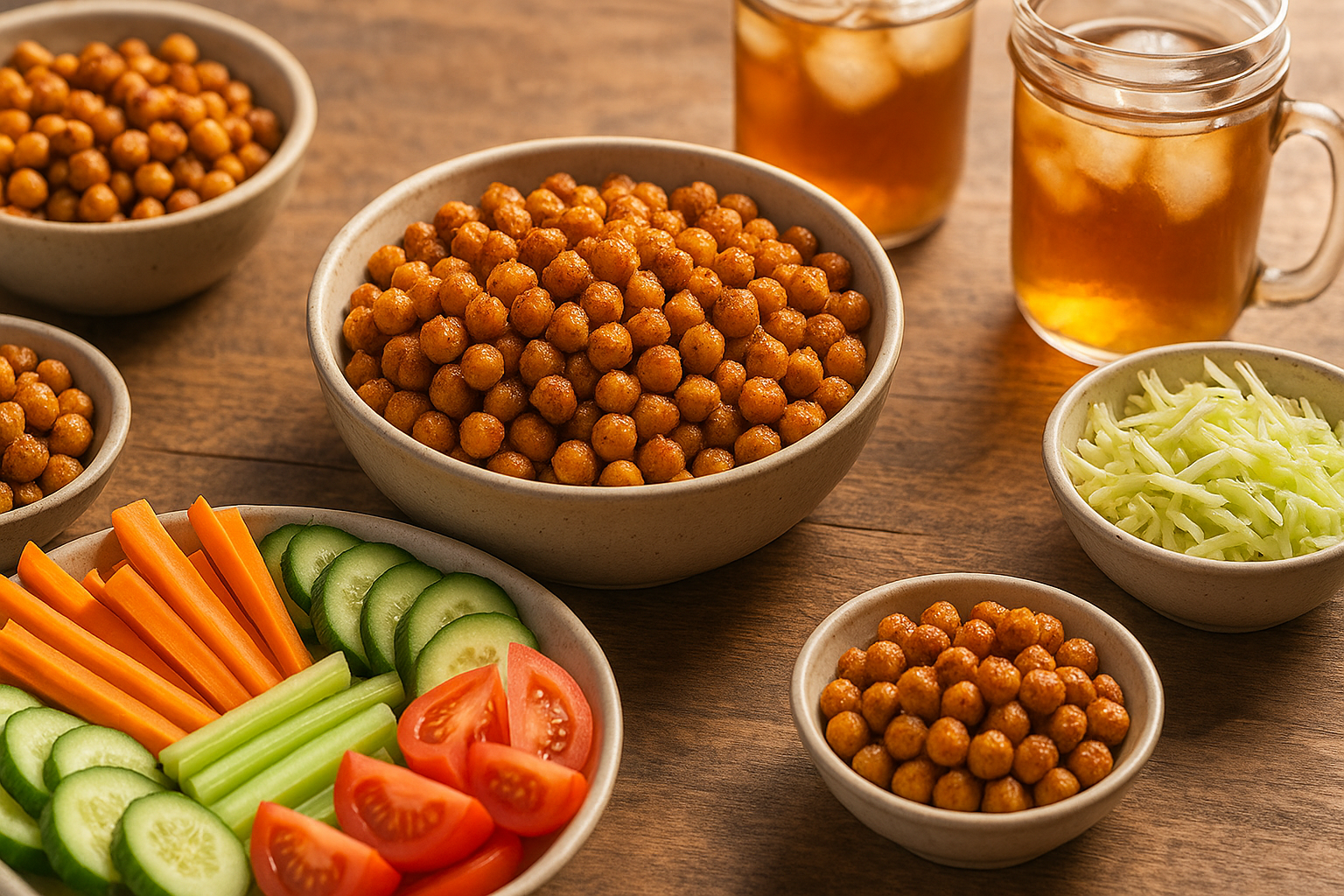 Family-style table with bowls of gluten free roasted chickpeas.
