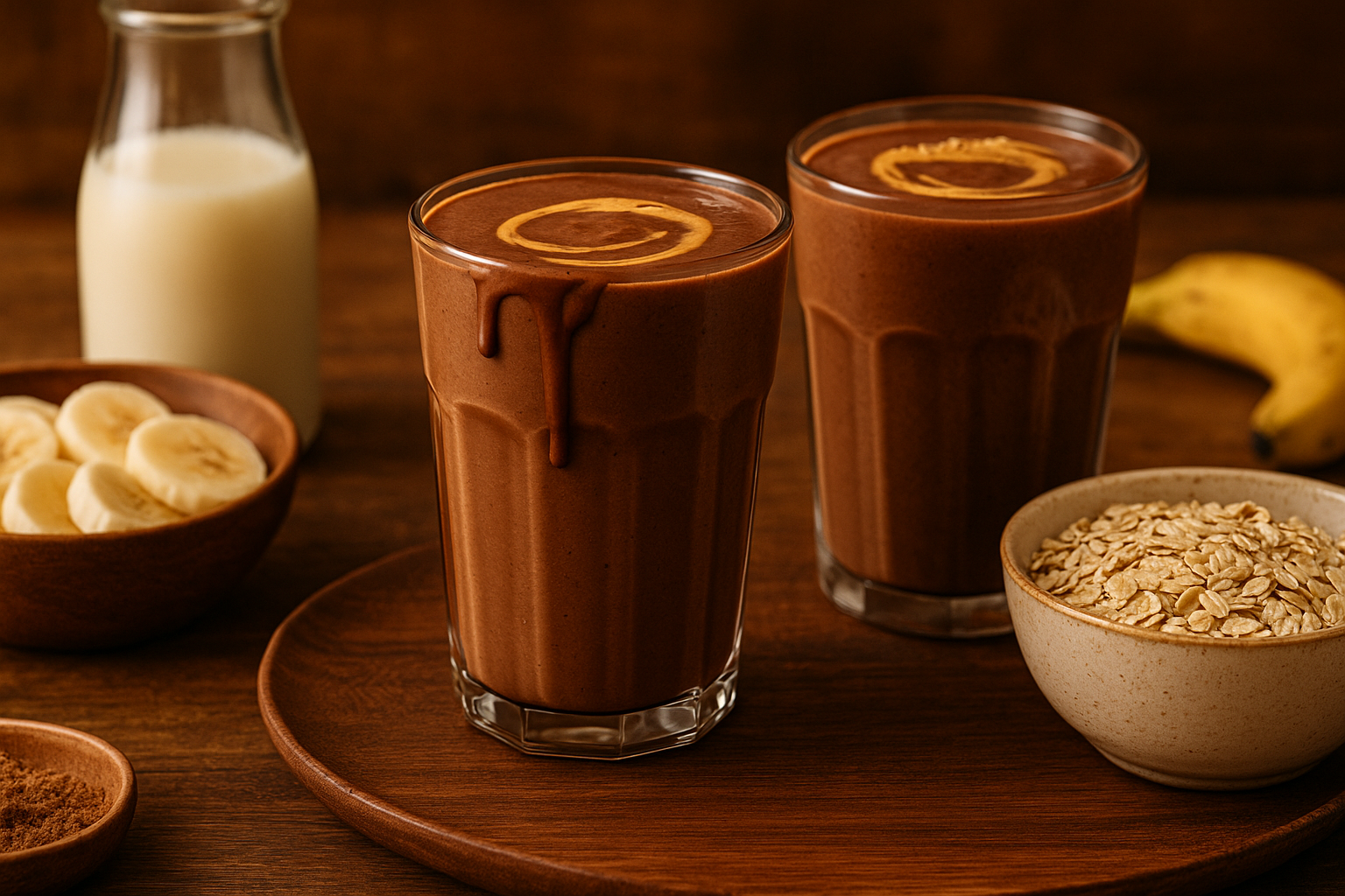 Breakfast table with vegan chocolate protein smoothies.