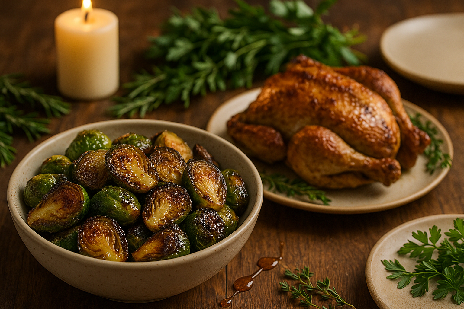 Family-style table with crispy Brussels sprouts and roasted chicken.