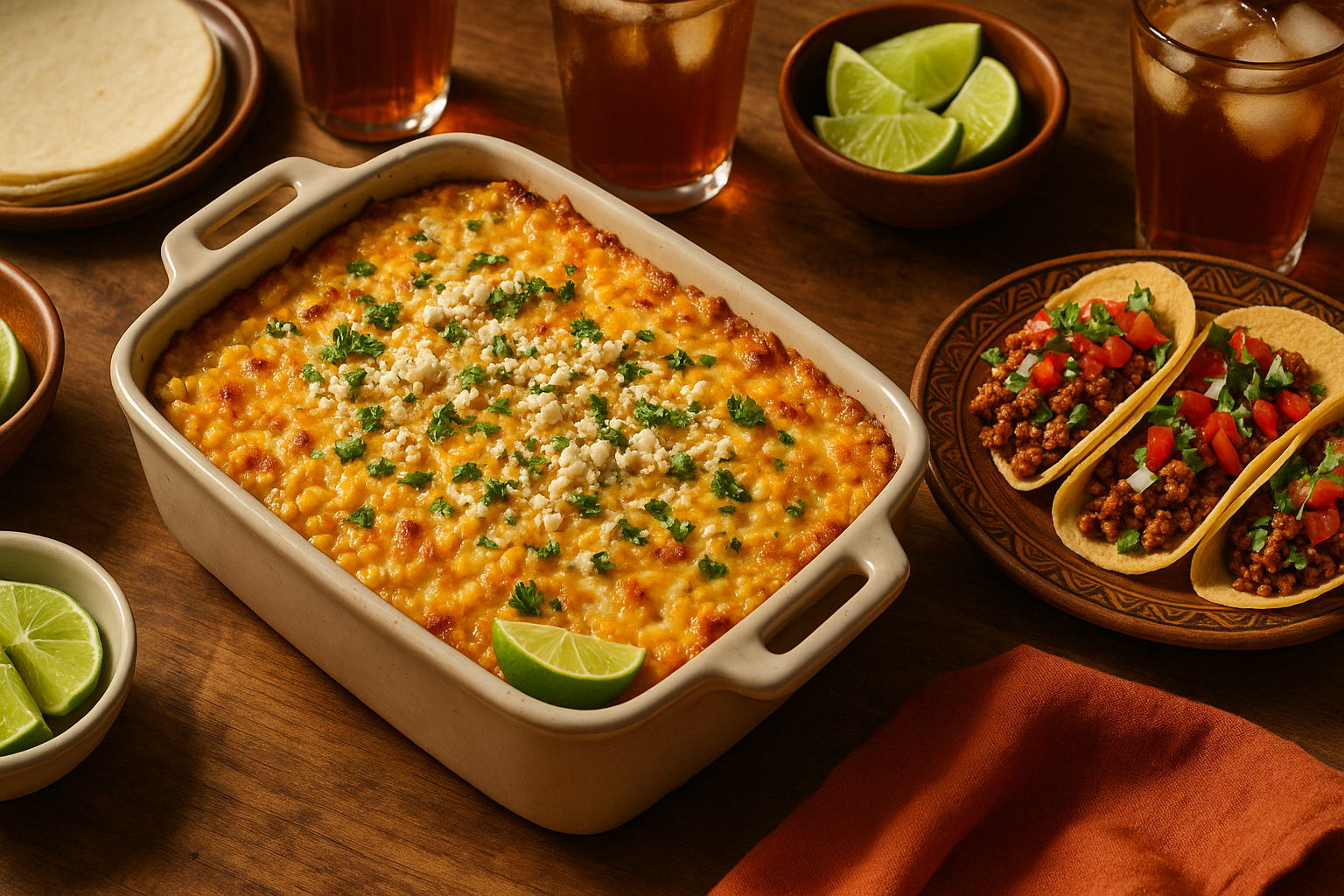 Family-style Mexican street corn casserole dinner.