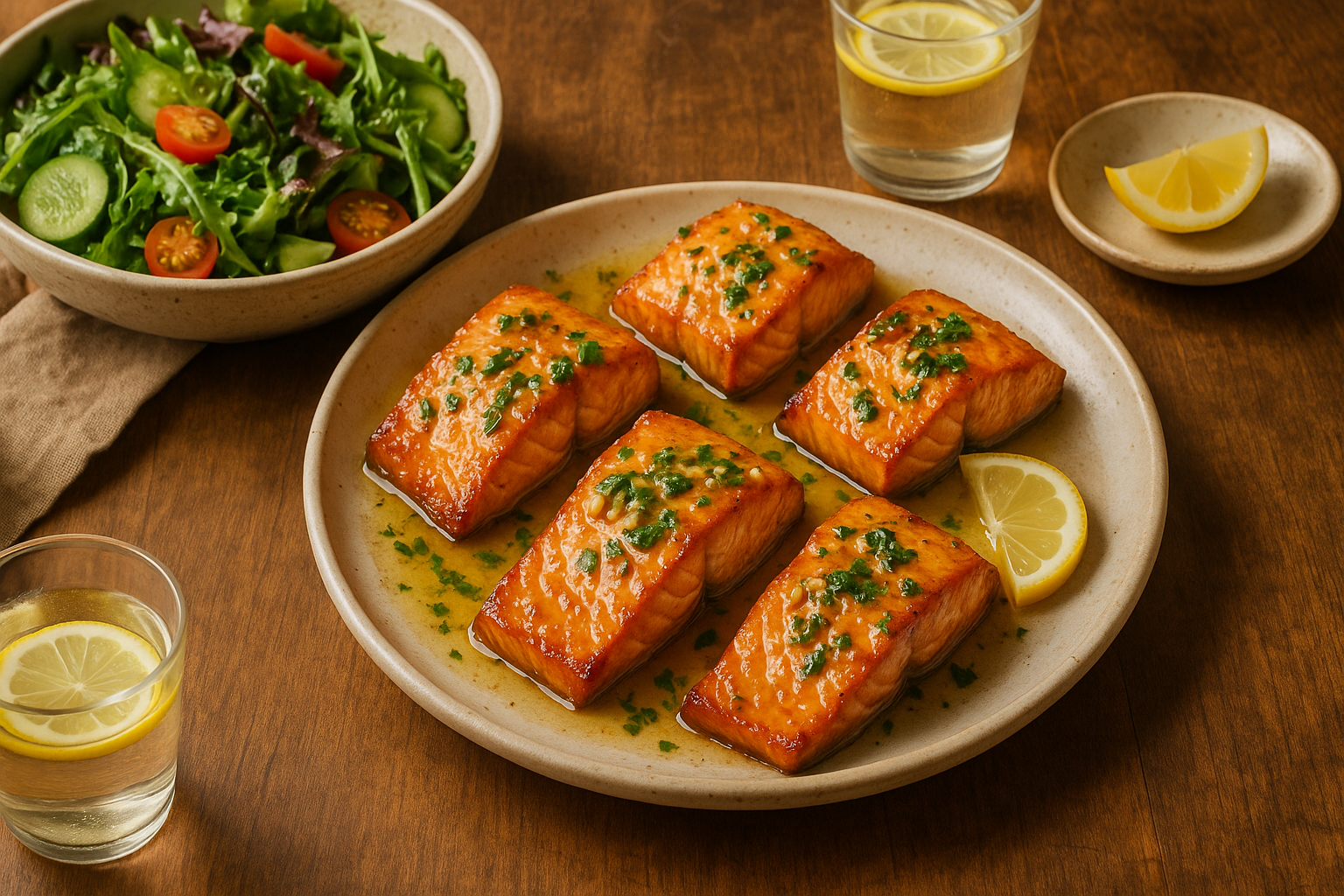 Family table with salmon dinner
