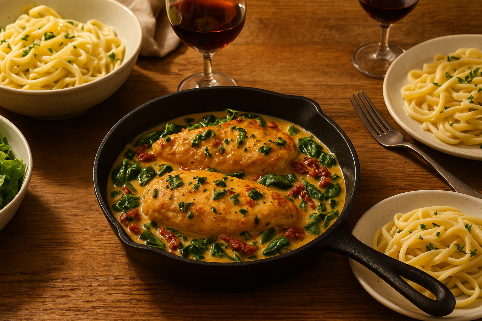 Family-style creamy Tuscan chicken dinner