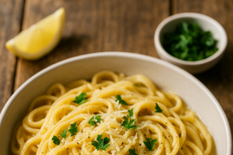 A bowl of creamy garlic Parmesan pasta topped with fresh parsley and grated cheese, served on a rustic wooden table.