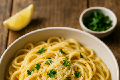 A bowl of creamy garlic Parmesan pasta topped with fresh parsley and grated cheese, served on a rustic wooden table.