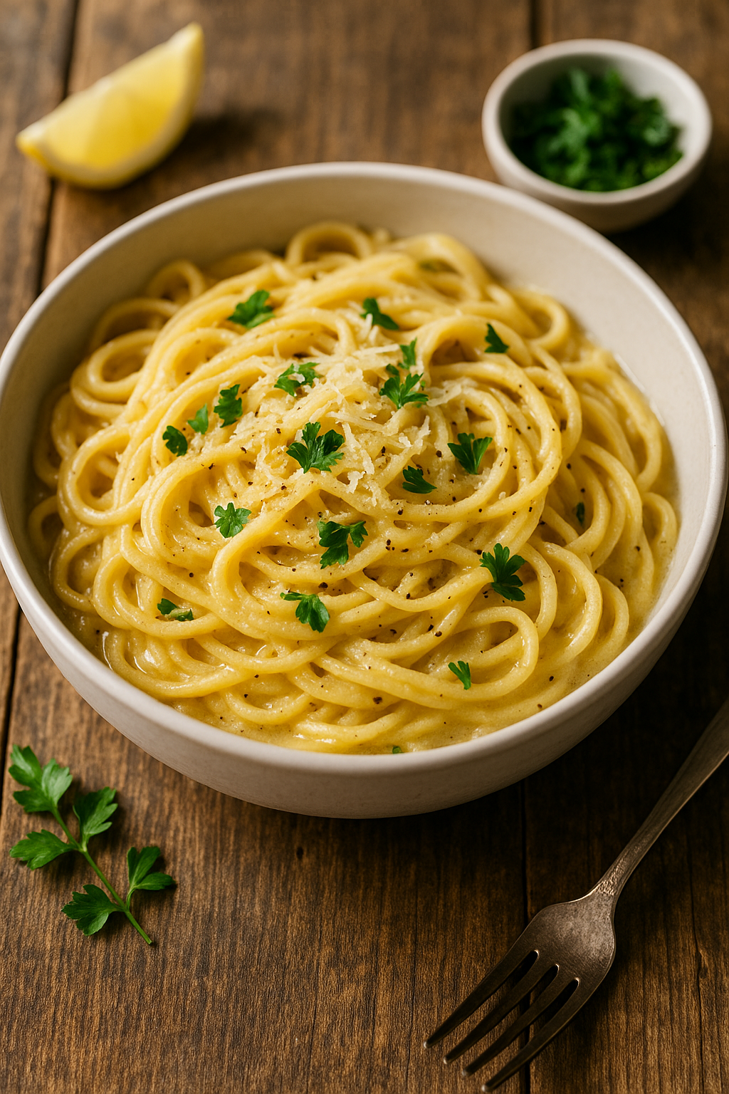 A bowl of creamy garlic Parmesan pasta topped with fresh parsley and grated cheese, served on a rustic wooden table.