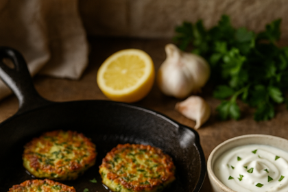 Golden-brown zucchini fritters served with creamy garlic yogurt sauce on a rustic wooden table.