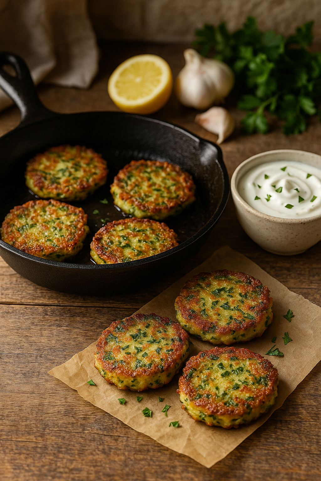 Golden-brown zucchini fritters served with creamy garlic yogurt sauce on a rustic wooden table.