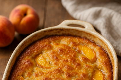 Freshly baked Peach Cobbler in a rustic ceramic dish, golden buttery crust with juicy peaches bubbling underneath.