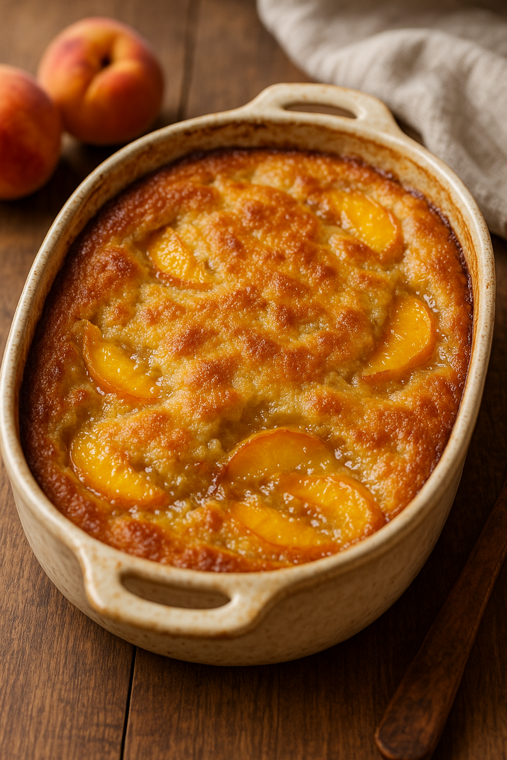 Freshly baked Peach Cobbler in a rustic ceramic dish, golden buttery crust with juicy peaches bubbling underneath.