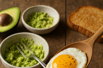 Creamy avocado toast topped with a sunny-side-up egg on rustic wooden table