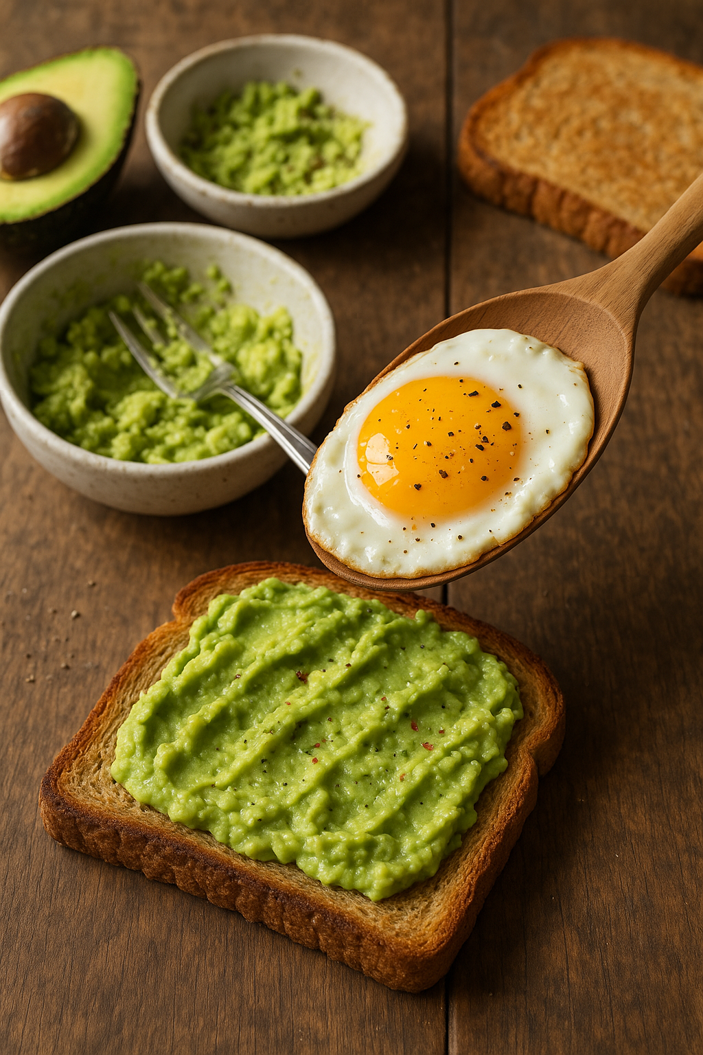 Creamy avocado toast topped with a sunny-side-up egg on rustic wooden table