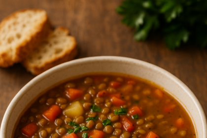 Rustic bowl of hearty vegetable lentil soup with carrots, potatoes, and parsley, served with crusty bread.