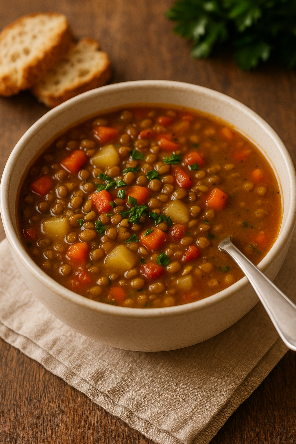 Rustic bowl of hearty vegetable lentil soup with carrots, potatoes, and parsley, served with crusty bread.
