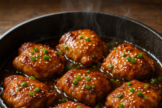 Juicy Honey Garlic Chicken Thighs in a skillet with sticky glaze and sesame seeds.