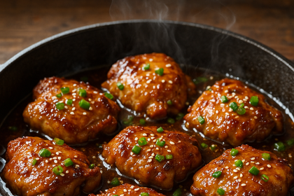 Juicy Honey Garlic Chicken Thighs in a skillet with sticky glaze and sesame seeds.