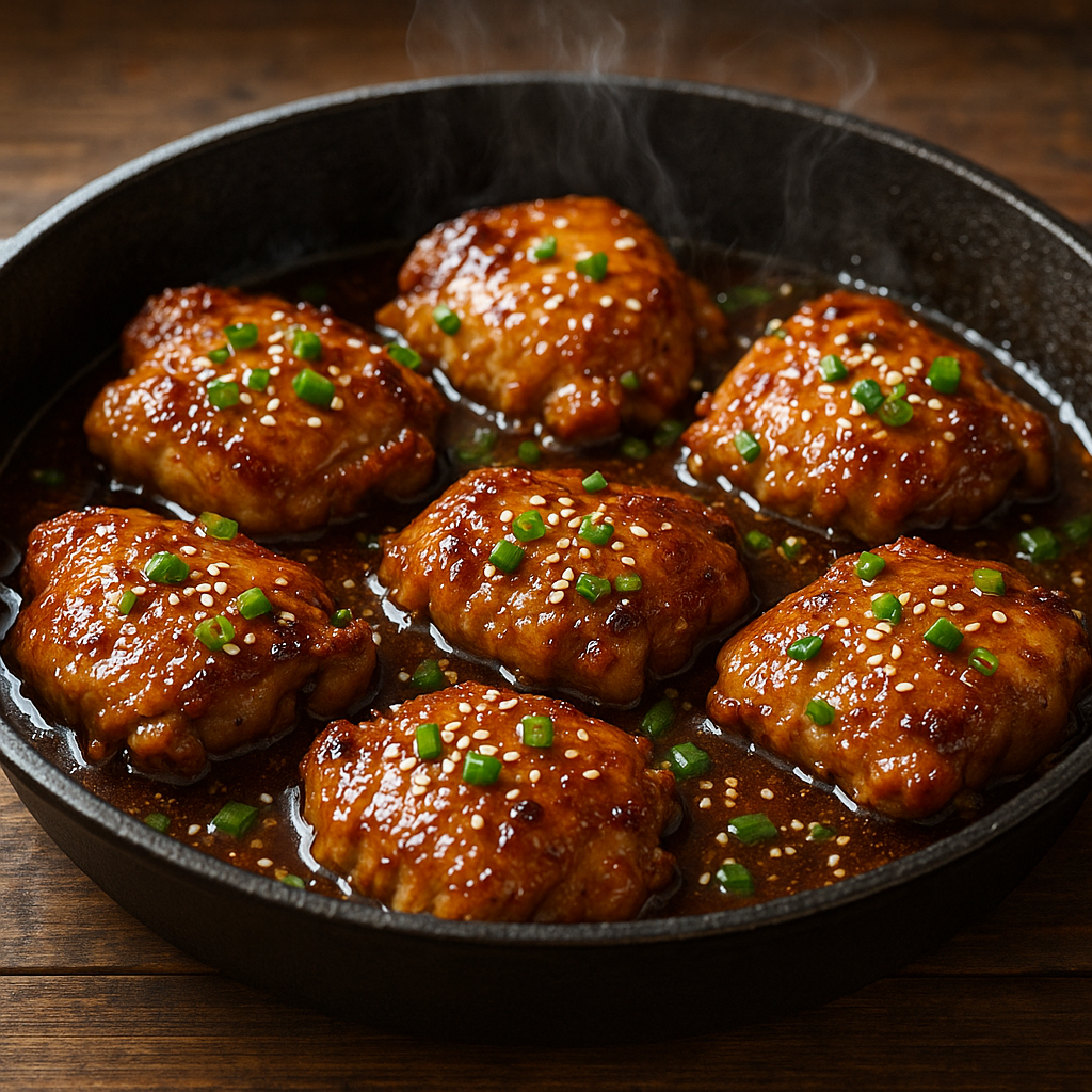 Juicy Honey Garlic Chicken Thighs in a skillet with sticky glaze and sesame seeds.