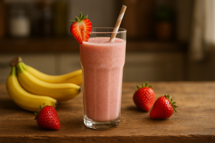 Strawberry Banana Smoothie in a tall glass on rustic table