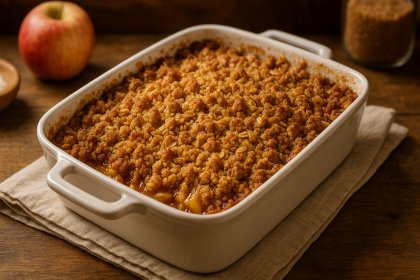 Apple Crisp in a rustic baking dish with golden oat topping