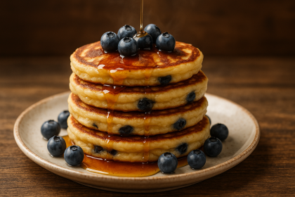 Stack of blueberry pancakes with syrup drizzle