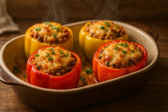 Vegetarian stuffed bell peppers on a rustic wooden table.