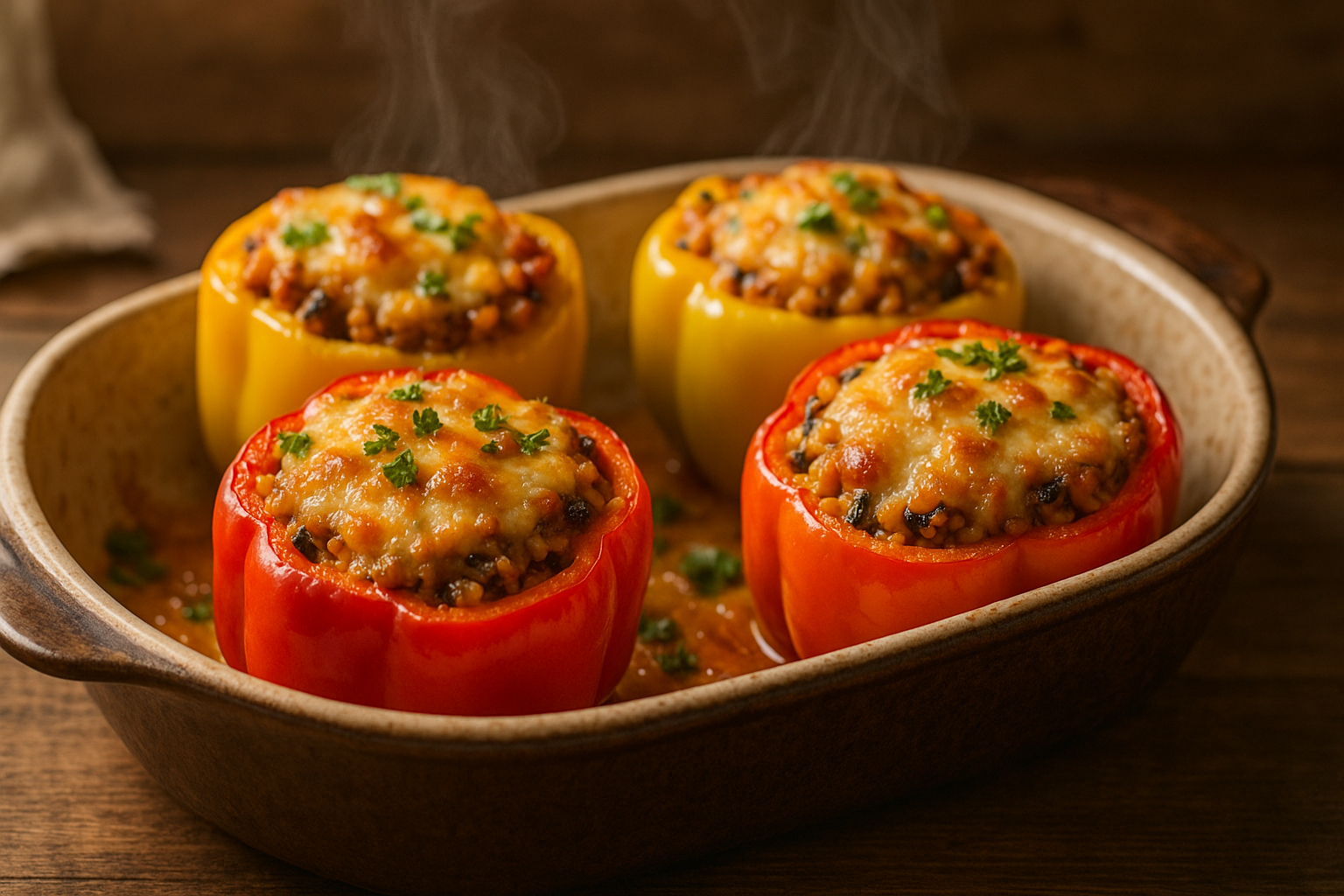 Vegetarian stuffed bell peppers on a rustic wooden table.
