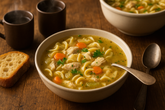 Warm bowl of homemade Chicken Noodle Soup with noodles and vegetables.