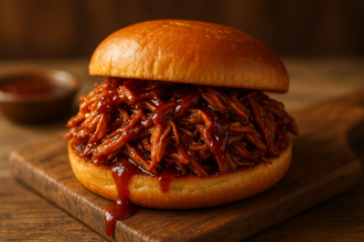 Juicy BBQ Pulled Pork piled on a brioche bun with extra sauce.
