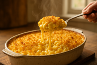 Creamy baked Mac and Cheese in rustic dish.