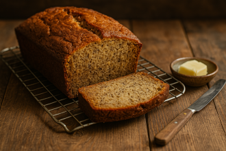 Moist homemade Banana Bread loaf on rustic table.