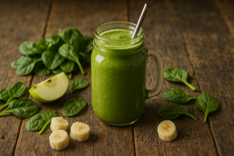 Green Detox Smoothie in a mason jar on rustic wooden table.