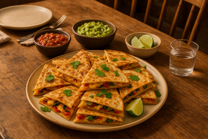 Golden veggie quesadillas with melted cheese on rustic board.