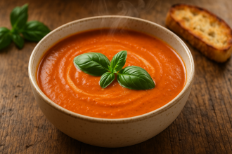 Creamy tomato basil soup in a rustic bowl with fresh basil.