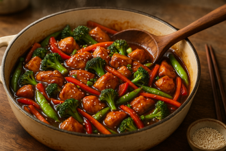 Teriyaki chicken stir fry in white skillet with colorful vegetables.