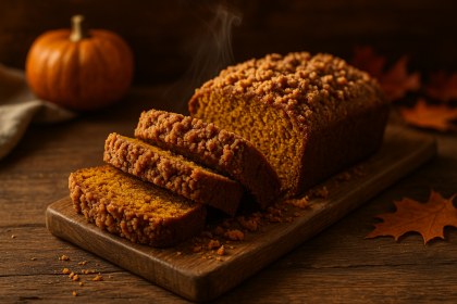 Moist pumpkin bread with streusel topping on rustic wooden table.
