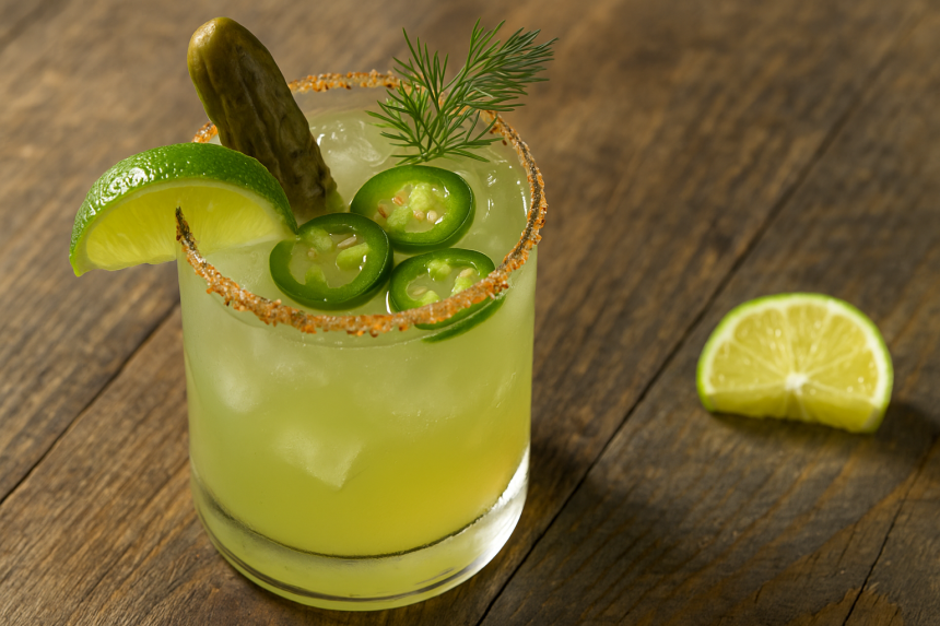 Spicy dill pickle margarita in a salted glass with jalapeño and lime.